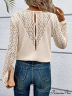 Lace Stitching Monochrome Informal Round Neck Long Sleeve T-shirt Women