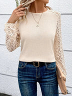 Lace Stitching Monochrome Informal Round Neck Long Sleeve T-shirt Women