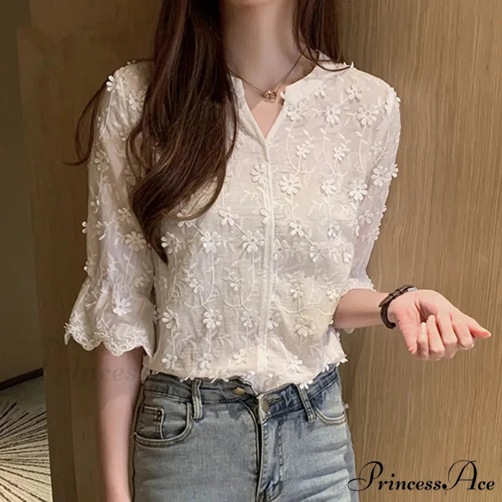 Lace Summer Cotton White Blouse