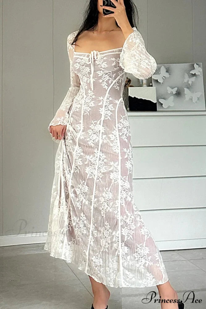 Lace Tie-up Flares Sleeve Midi Dress