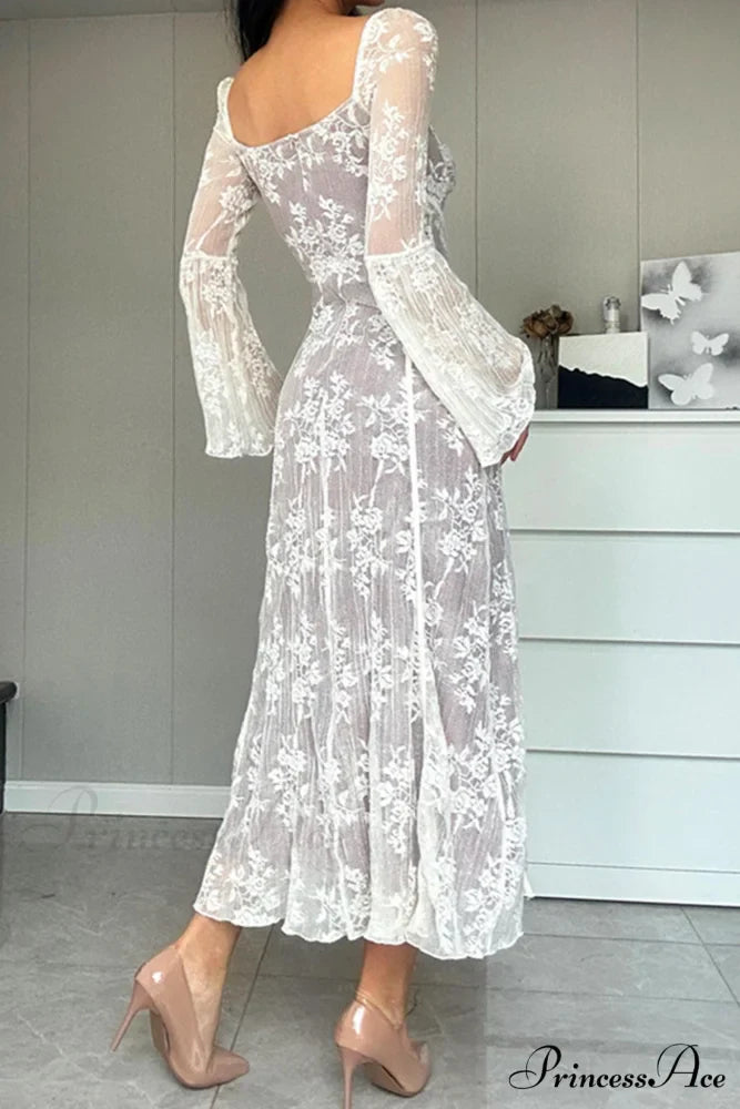 Lace Tie-up Flares Sleeve Midi Dress