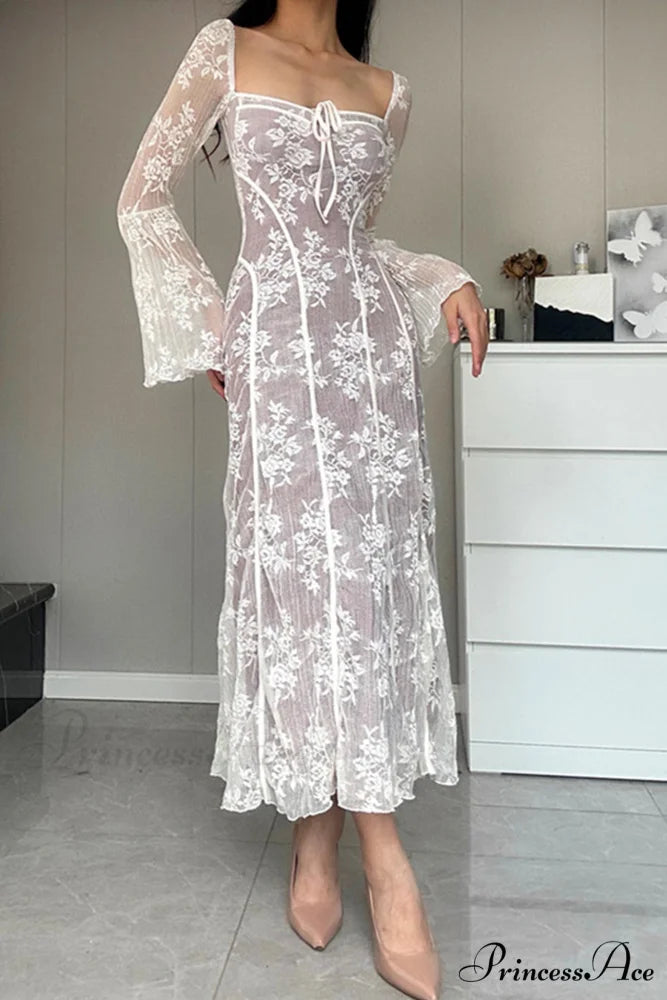 Lace Tie-up Flares Sleeve Midi Dress