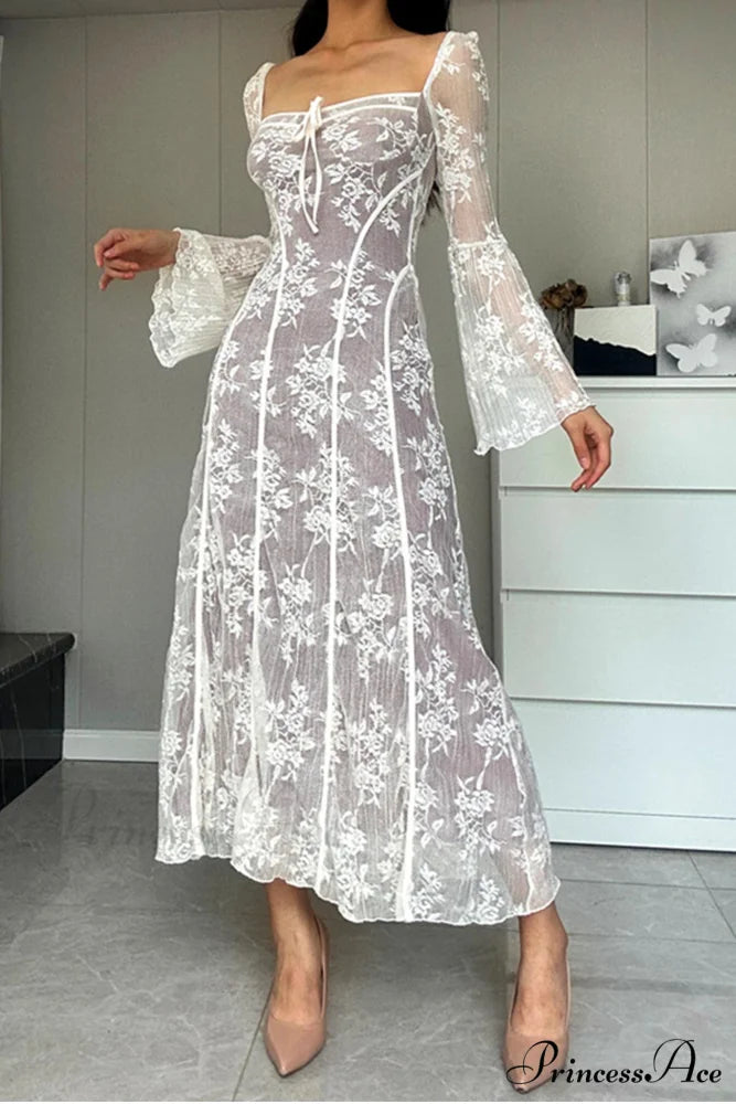 Lace Tie-up Flares Sleeve Midi Dress