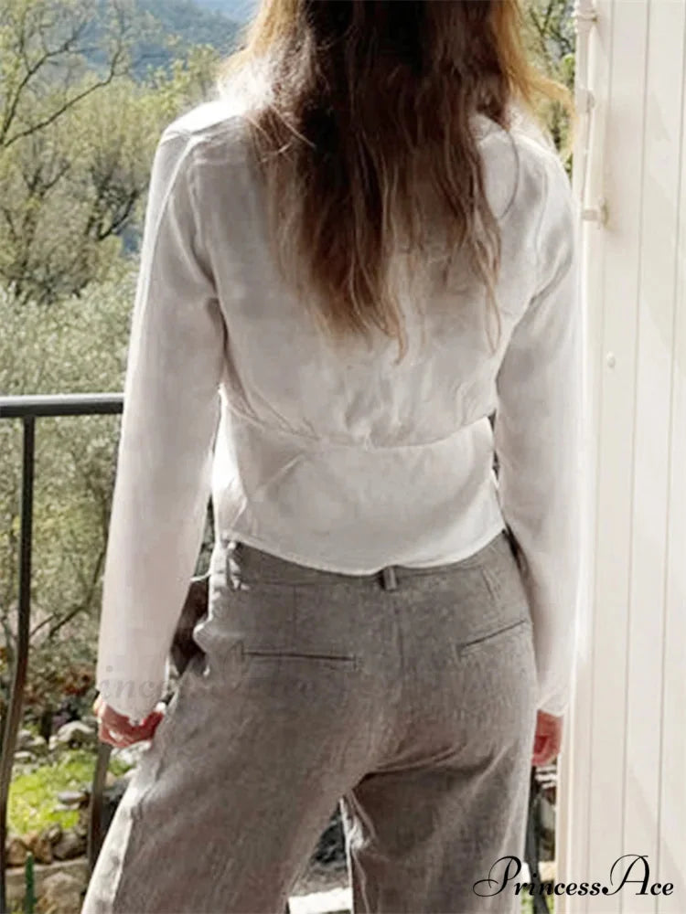 Lace Trim Deep-neck Fasten Blouse