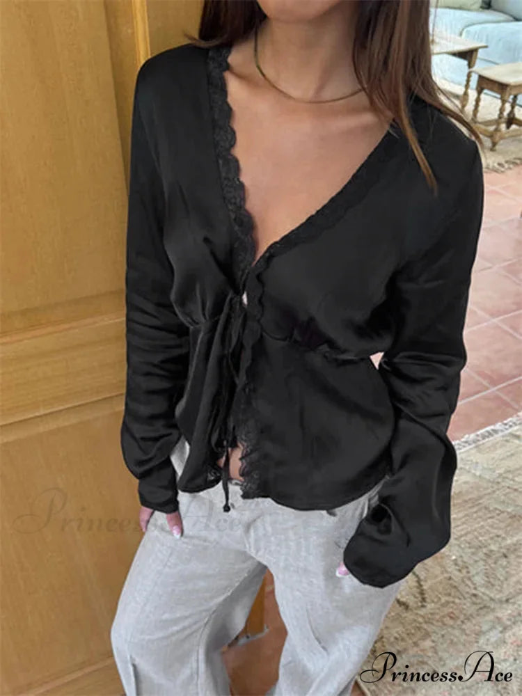 Lace Trim Deep-neck Fasten Blouse