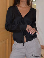 Lace Trim Deep-neck Fasten Blouse