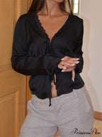 Lace Trim Deep-neck Fasten Blouse