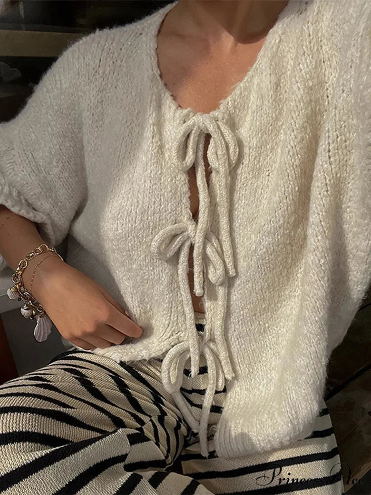 Lace Up Bow Flared Sleeve Loose Fashion Street Cardigan