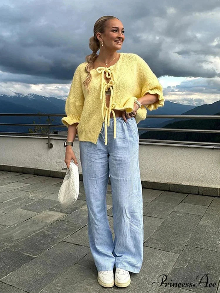 Lace Up Bow Flared Sleeve Loose Fashion Street Cardigan