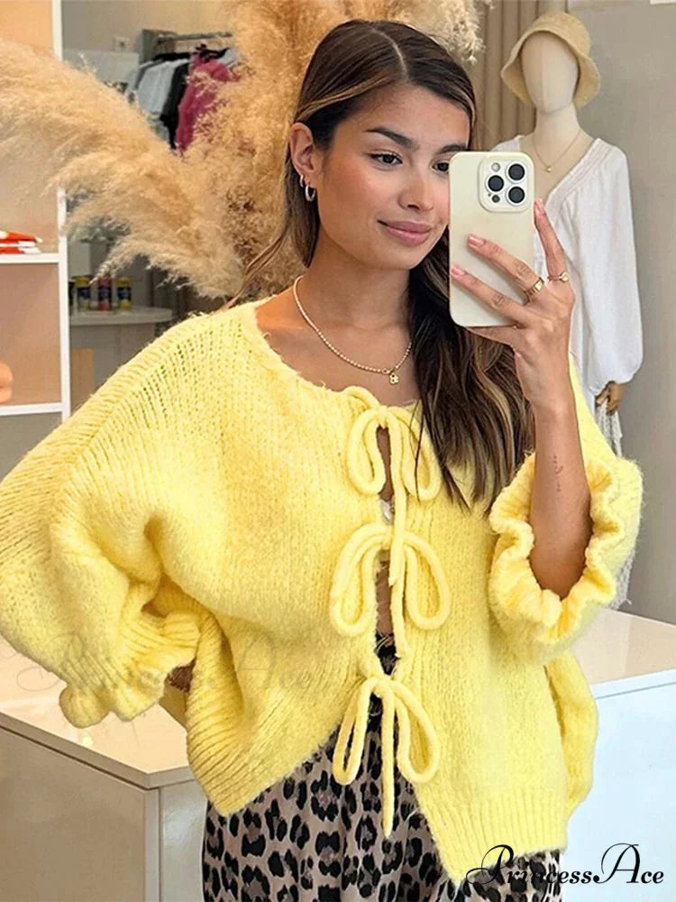 Lace Up Bow Flared Sleeve Loose Fashion Street Cardigan