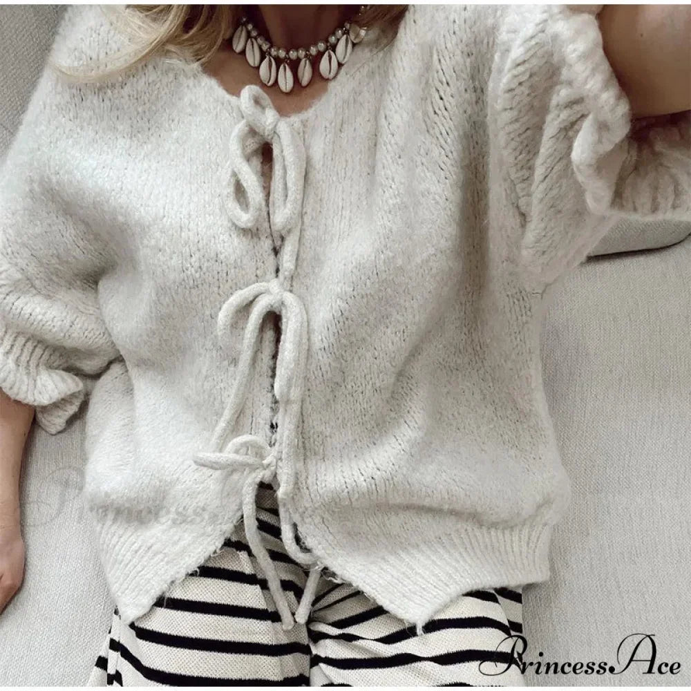 Lace Up Bow Flared Sleeve Loose Fashion Street Cardigan