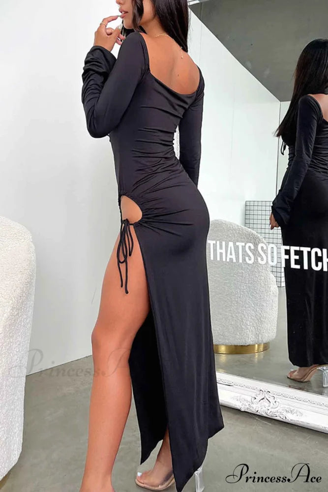 Lace Up Hollow Out Slit Dress with Long Sleeves