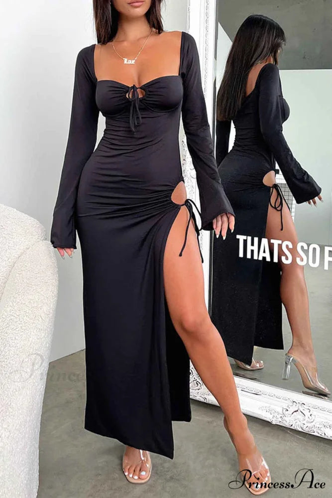 Lace Up Hollow Out Slit Dress with Long Sleeves