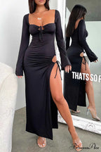 Lace Up Hollow Out Slit Dress with Long Sleeves