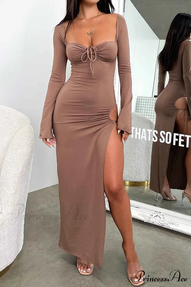 Lace Up Hollow Out Slit Dress with Long Sleeves