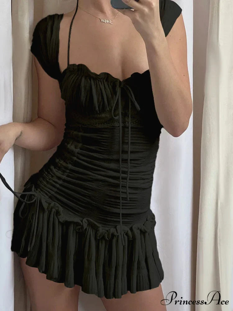 Lace Up Ruffle Trendy Ditsy Floral Mini Dress