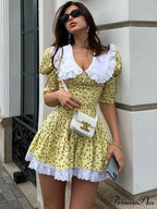 Lace-up Slim Luxury Lace Turn Collar Short Sleeve Folds es Femme Party Retro Lady Floral Dress