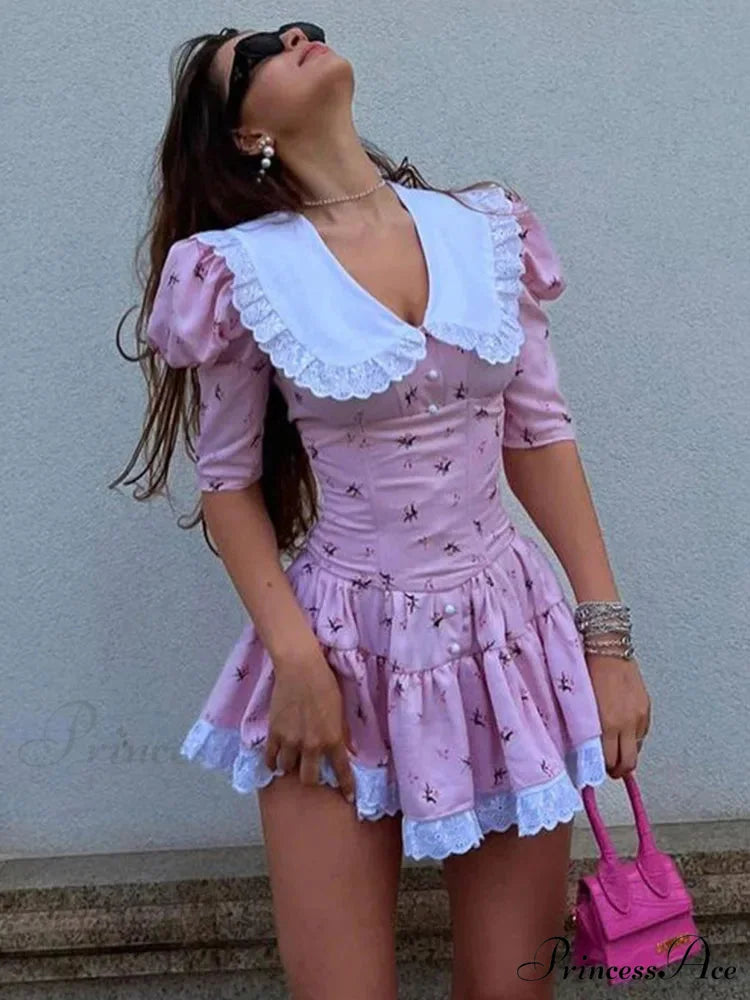 Lace-up Slim Luxury Lace Turn Collar Short Sleeve Folds es Femme Party Retro Lady Floral Dress