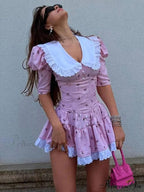 Lace-up Slim Luxury Lace Turn Collar Short Sleeve Folds es Femme Party Retro Lady Floral Dress