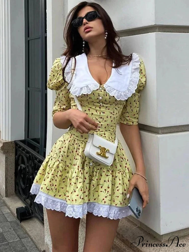 Lace-up Slim Luxury Lace Turn Collar Short Sleeve Folds es Femme Party Retro Lady Floral Dress