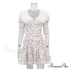Lace-up Slim Luxury Lace Turn Collar Short Sleeve Folds es Femme Party Retro Lady Floral Dress