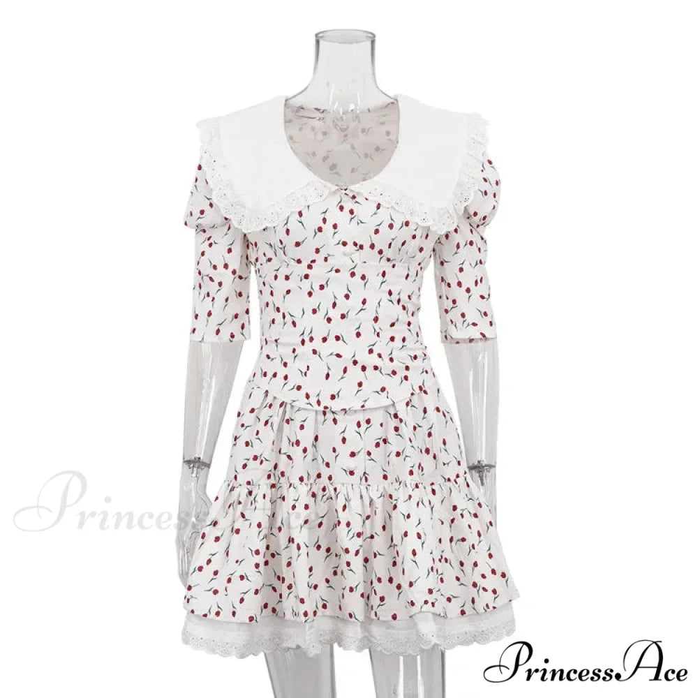 Lace-up Slim Luxury Lace Turn Collar Short Sleeve Folds es Femme Party Retro Lady Floral Dress