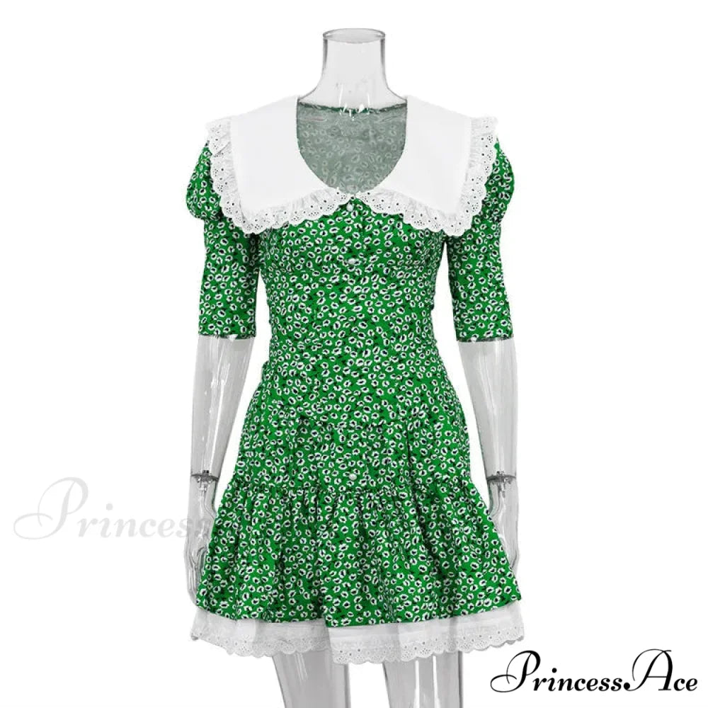 Lace-up Slim Luxury Lace Turn Collar Short Sleeve Folds es Femme Party Retro Lady Floral Dress