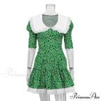 Lace-up Slim Luxury Lace Turn Collar Short Sleeve Folds es Femme Party Retro Lady Floral Dress