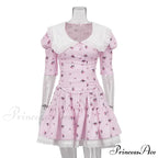 Lace-up Slim Luxury Lace Turn Collar Short Sleeve Folds es Femme Party Retro Lady Floral Dress