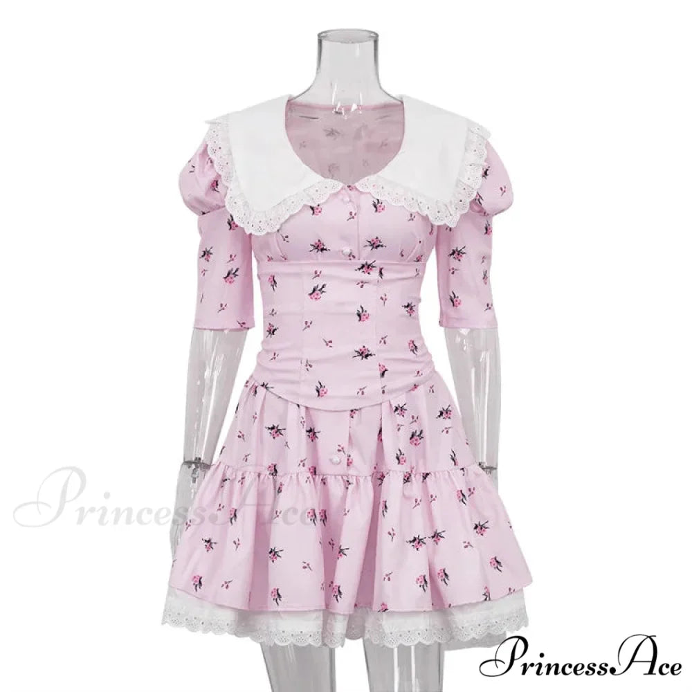 Lace-up Slim Luxury Lace Turn Collar Short Sleeve Folds es Femme Party Retro Lady Floral Dress