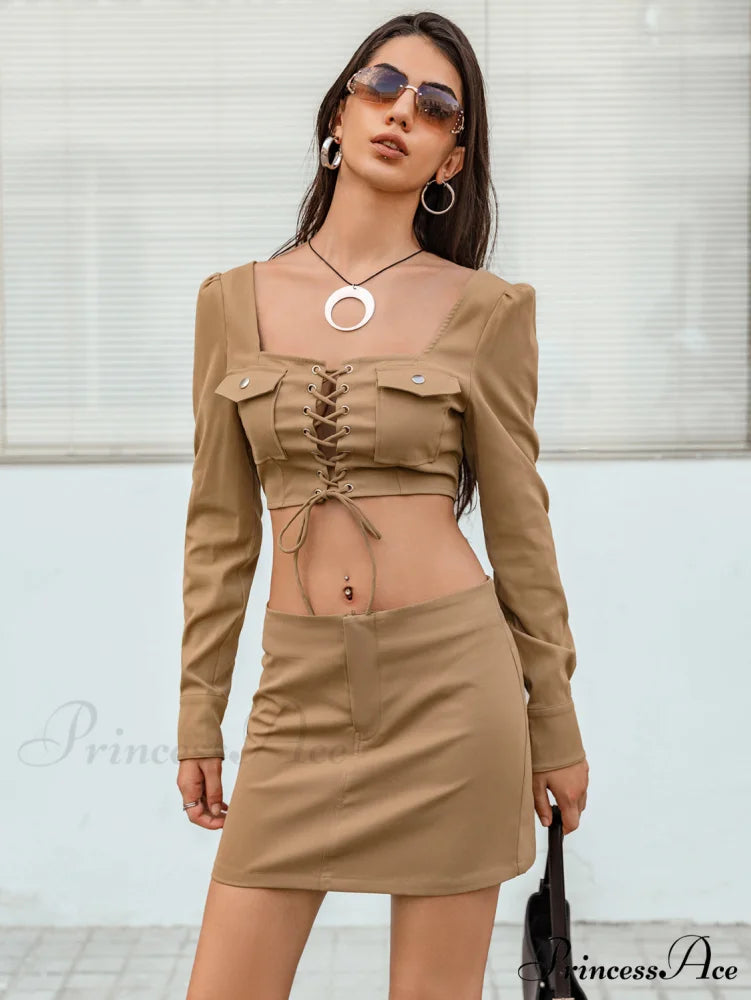 Lace-Up with and Set Cropped Top Skirt Detail