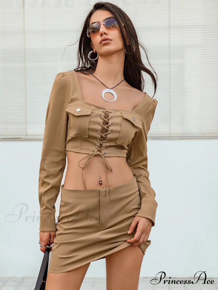 Lace-Up with and Set Cropped Top Skirt Detail