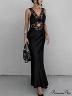 Lace V Neck Evening Fashion Maxi Dress