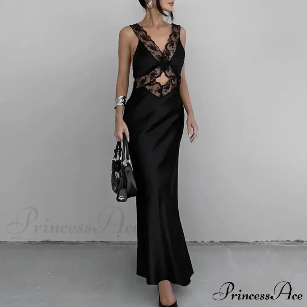 Lace V Neck Evening Fashion Maxi Dress