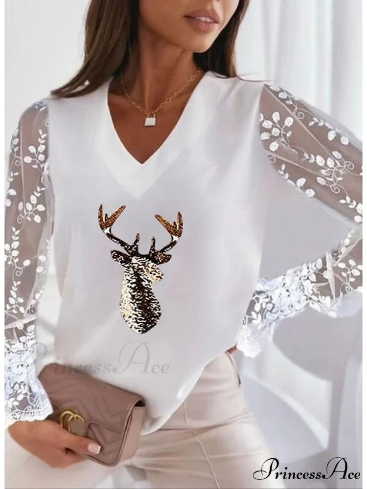 Lace Women's Patchwork Silver Maroon Reindeer Christmas Peach Trim Tee