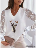 Lace Women's Patchwork Silver Maroon Reindeer Christmas Peach Trim Tee