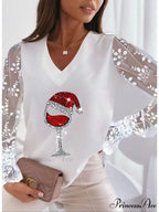 Lace Women's Patchwork Silver Maroon Reindeer Christmas Peach Trim Tee