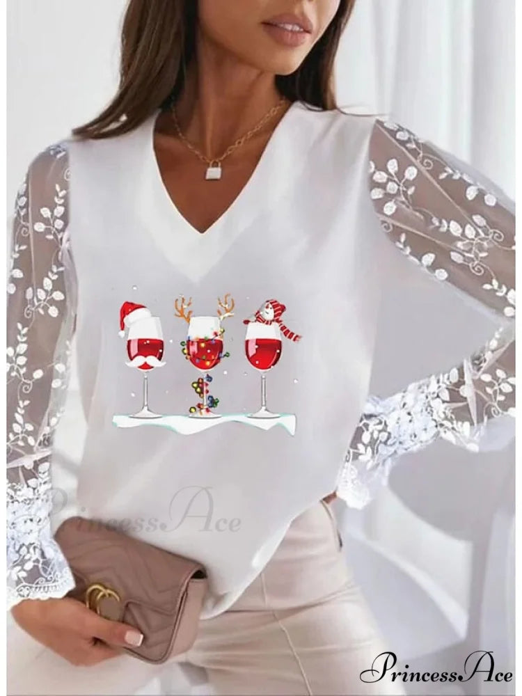 Lace Women's Patchwork Silver Maroon Reindeer Christmas Peach Trim Tee