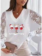 Lace Women's Patchwork Silver Maroon Reindeer Christmas Peach Trim Tee