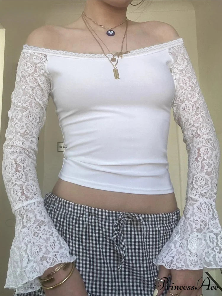 Lacework Lace Slender Slash Neck Flare Sleeve Extended Sleeve Knit Top