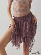 Lacy Floral Asymmetrical Hem Skirt