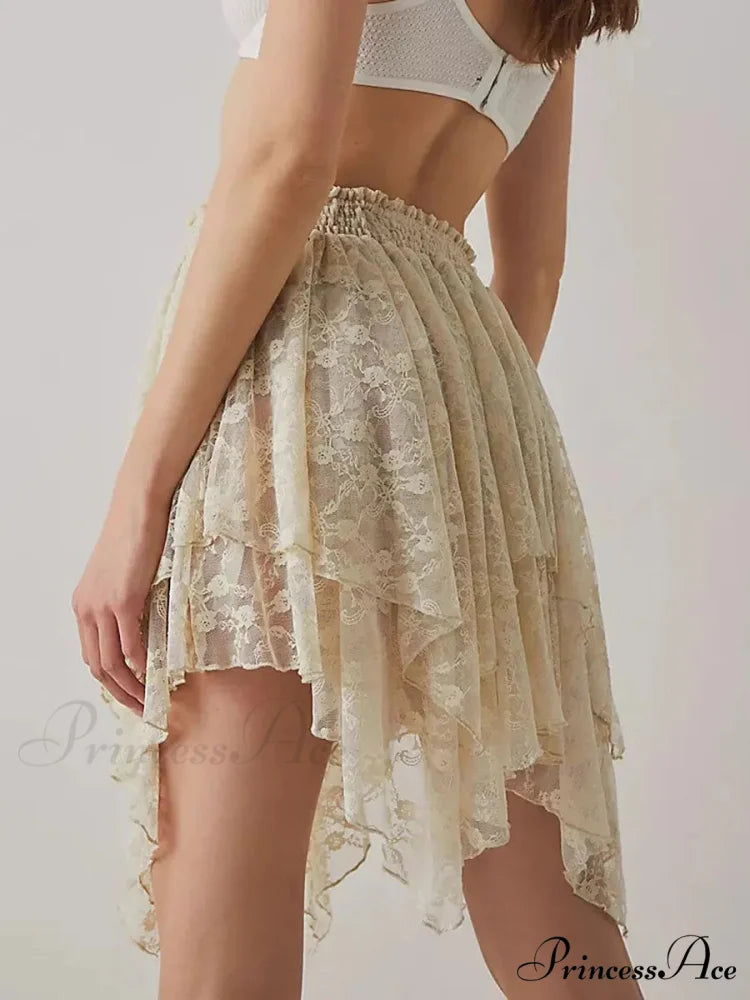 Lacy Floral Asymmetrical Hem Skirt
