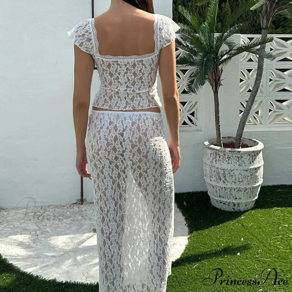 Lacy Flower Sheer Short Sleeve Crop Top Long Skirt Two Pieces Set