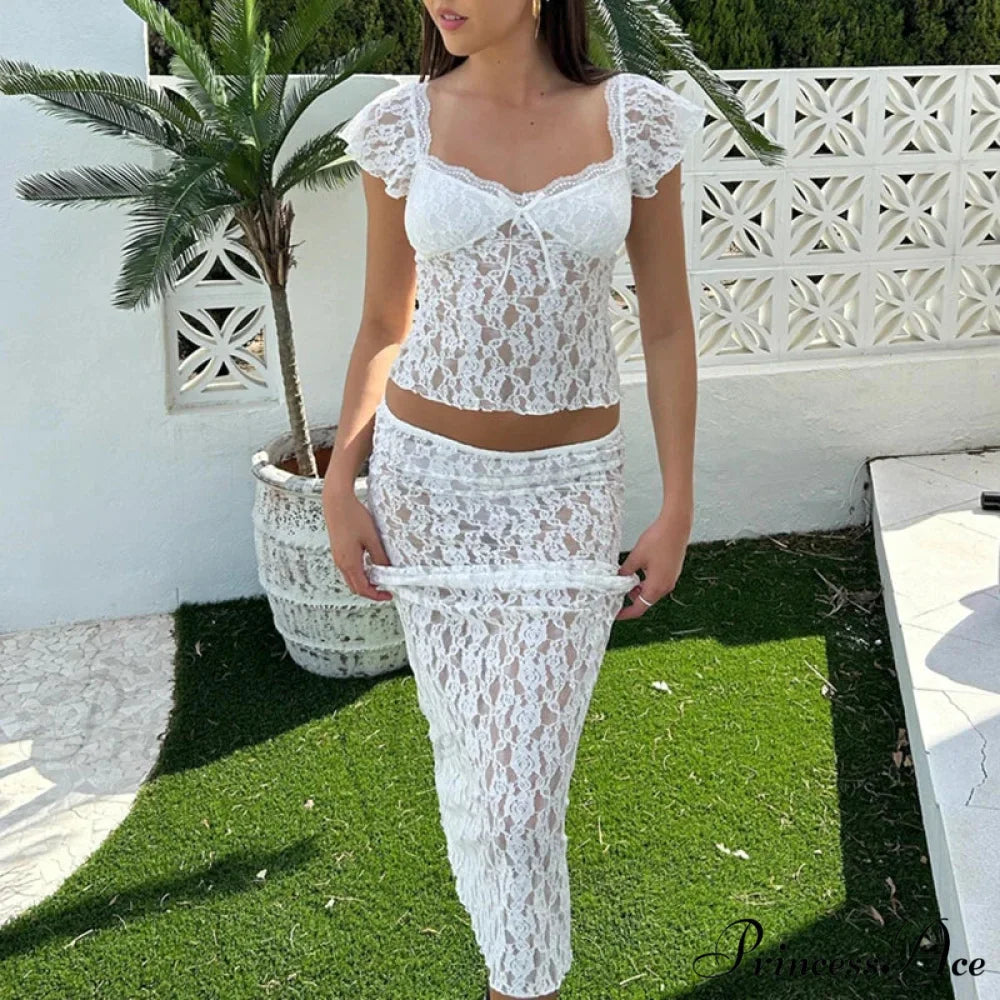 Lacy Flower Sheer Short Sleeve Crop Top Long Skirt Two Pieces Set