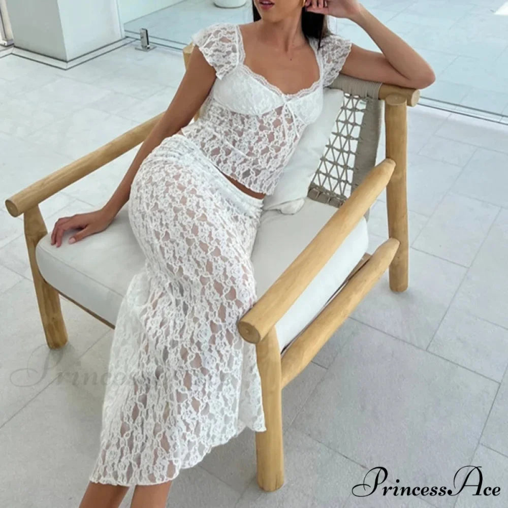 Lacy Flower Sheer Short Sleeve Crop Top Long Skirt Two Pieces Set