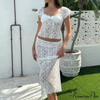 Lacy Flower Sheer Short Sleeve Crop Top Long Skirt Two Pieces Set