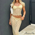 Lacy Flower Sheer Short Sleeve Crop Top Long Skirt Two Pieces Set