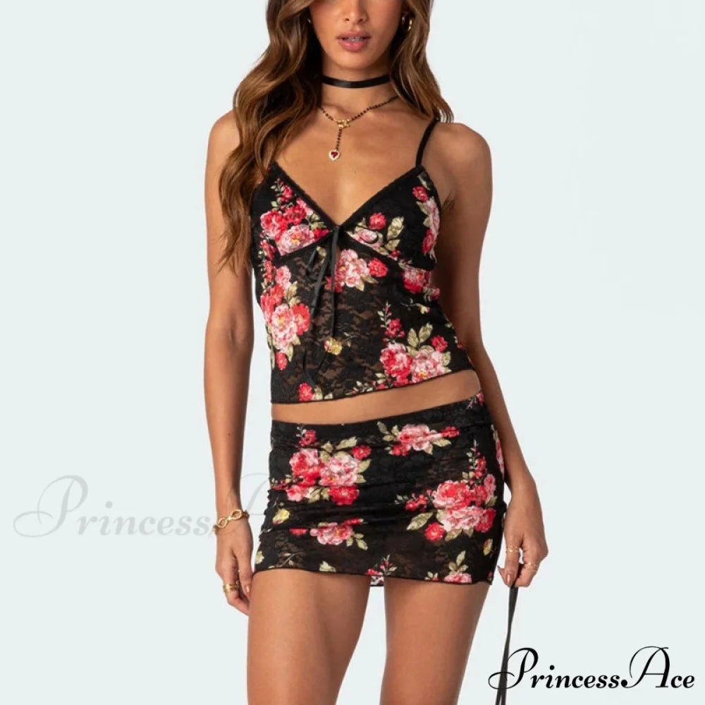 Lacy Flower V Neck Spaghetti Strap Crop Top Mini Pencil Skirt Two Pieces Set