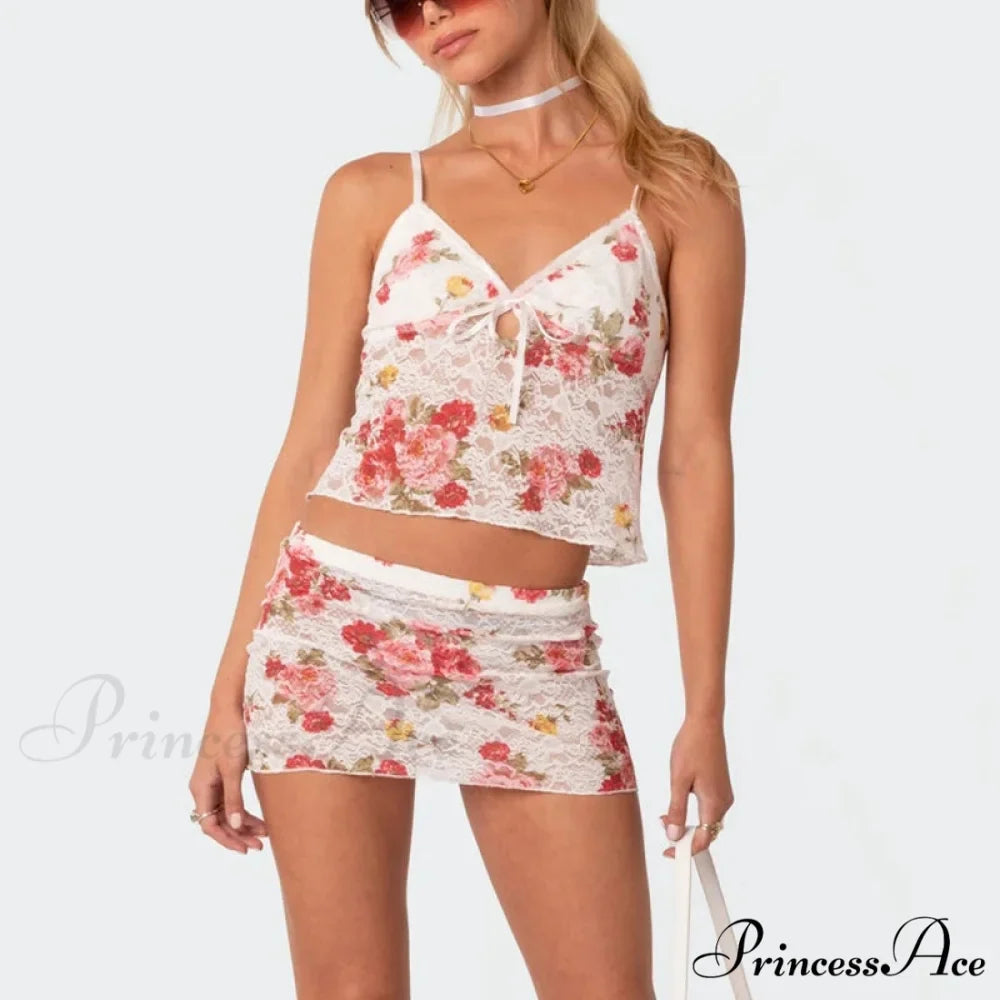 Lacy Flower V Neck Spaghetti Strap Crop Top Mini Pencil Skirt Two Pieces Set