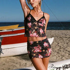 Lacy Flower V Neck Spaghetti Strap Crop Top Mini Pencil Skirt Two Pieces Set